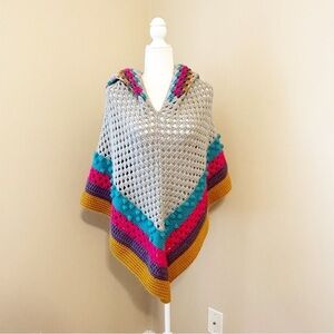 Vintage Crochet Handmade Stripe Poncho with Hood - One Size